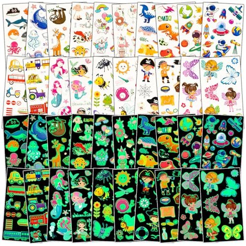 Habett Luminous Tattoos for Kids: 200+ Mixed Styles Temporary Tattoos Stickers Set for Girls and Boys - Space, Dinosaur, Animals, Butterfly Avelisse