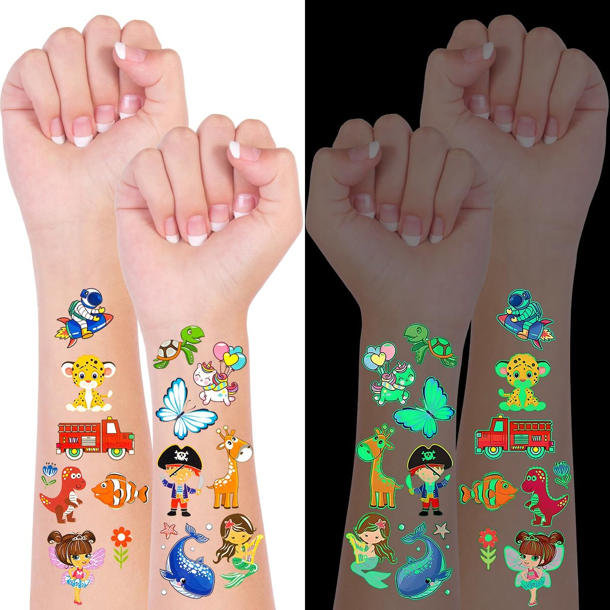 Habett Luminous Tattoos for Kids: 200+ Mixed Styles Temporary Tattoos Stickers Set for Girls and Boys - Space, Dinosaur, Animals, Butterfly Avelisse