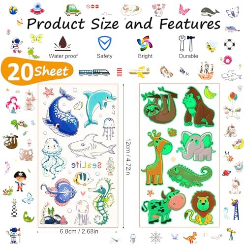 Habett Luminous Tattoos for Kids: 200+ Mixed Styles Temporary Tattoos Stickers Set for Girls and Boys - Space, Dinosaur, Animals, Butterfly Avelisse