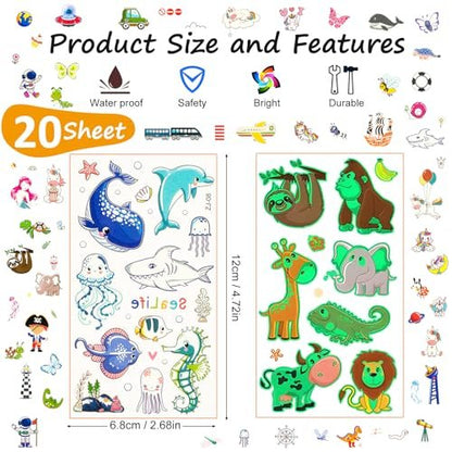 Habett Luminous Tattoos for Kids: 200+ Mixed Styles Temporary Tattoos Stickers Set for Girls and Boys - Space, Dinosaur, Animals, Butterfly Avelisse
