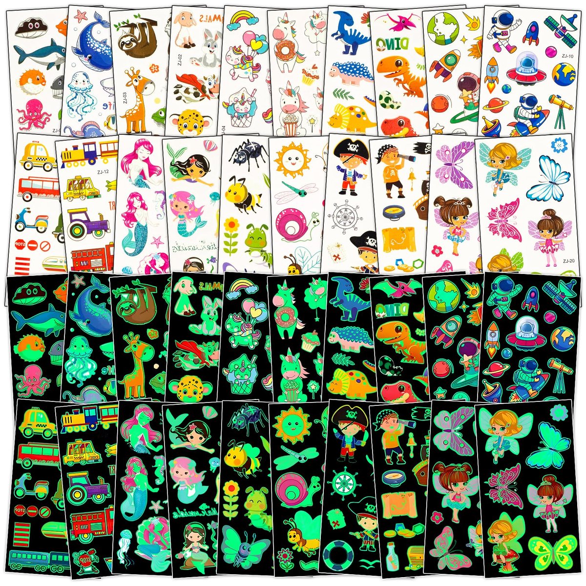 Habett Luminous Tattoos for Kids: 200+ Mixed Styles Temporary Tattoos Stickers Set for Girls and Boys - Space, Dinosaur, Animals, Butterfly Avelisse