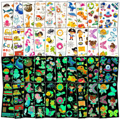 Habett Luminous Tattoos for Kids: 200+ Mixed Styles Temporary Tattoos Stickers Set for Girls and Boys - Space, Dinosaur, Animals, Butterfly Avelisse