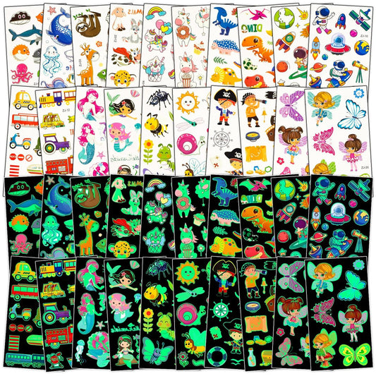 Habett Luminous Tattoos for Kids: 200+ Mixed Styles Temporary Tattoos Stickers Set for Girls and Boys - Space, Dinosaur, Animals, Butterfly Avelisse