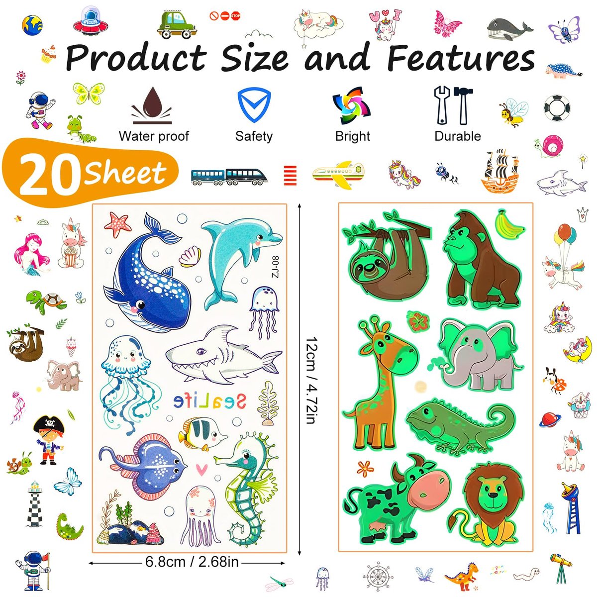Habett Luminous Tattoos for Kids: 200+ Mixed Styles Temporary Tattoos Stickers Set for Girls and Boys - Space, Dinosaur, Animals, Butterfly Avelisse