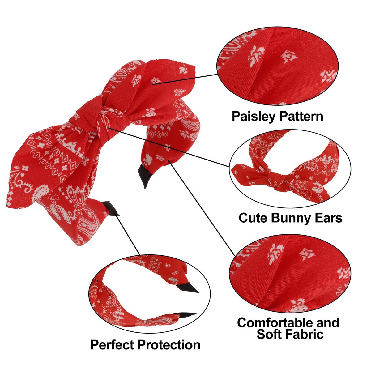 Aushamtai 4-Pack Paisley Bandana Headbands for Women – Cute Bunny Ear Tied Knot Bow Hairbands, Vintage Boho Floral Design Avelisse