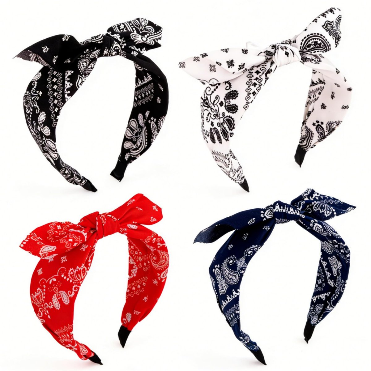 Aushamtai 4-Pack Paisley Bandana Headbands for Women – Cute Bunny Ear Tied Knot Bow Hairbands, Vintage Boho Floral Design Avelisse