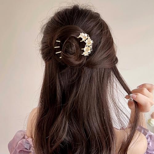 Pearl Flower Hair Clips for Women - U-Shaped French Hair Pin, Gold Metal Hairpin Clip, Floral Bun Maker, Wedding Hair Accessories for Brides & Bridesmaids - görsel 14