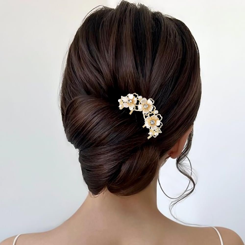 Pearl Flower Hair Clips for Women - U-Shaped French Hair Pin, Gold Metal Hairpin Clip, Floral Bun Maker, Wedding Hair Accessories for Brides & Bridesmaids - görsel 9