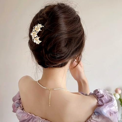 Pearl Flower Hair Clips for Women - U-Shaped French Hair Pin, Gold Metal Hairpin Clip, Floral Bun Maker, Wedding Hair Accessories for Brides & Bridesmaids