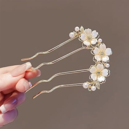 Pearl Flower Hair Clips for Women - U-Shaped French Hair Pin, Gold Metal Hairpin Clip, Floral Bun Maker, Wedding Hair Accessories for Brides & Bridesmaids
