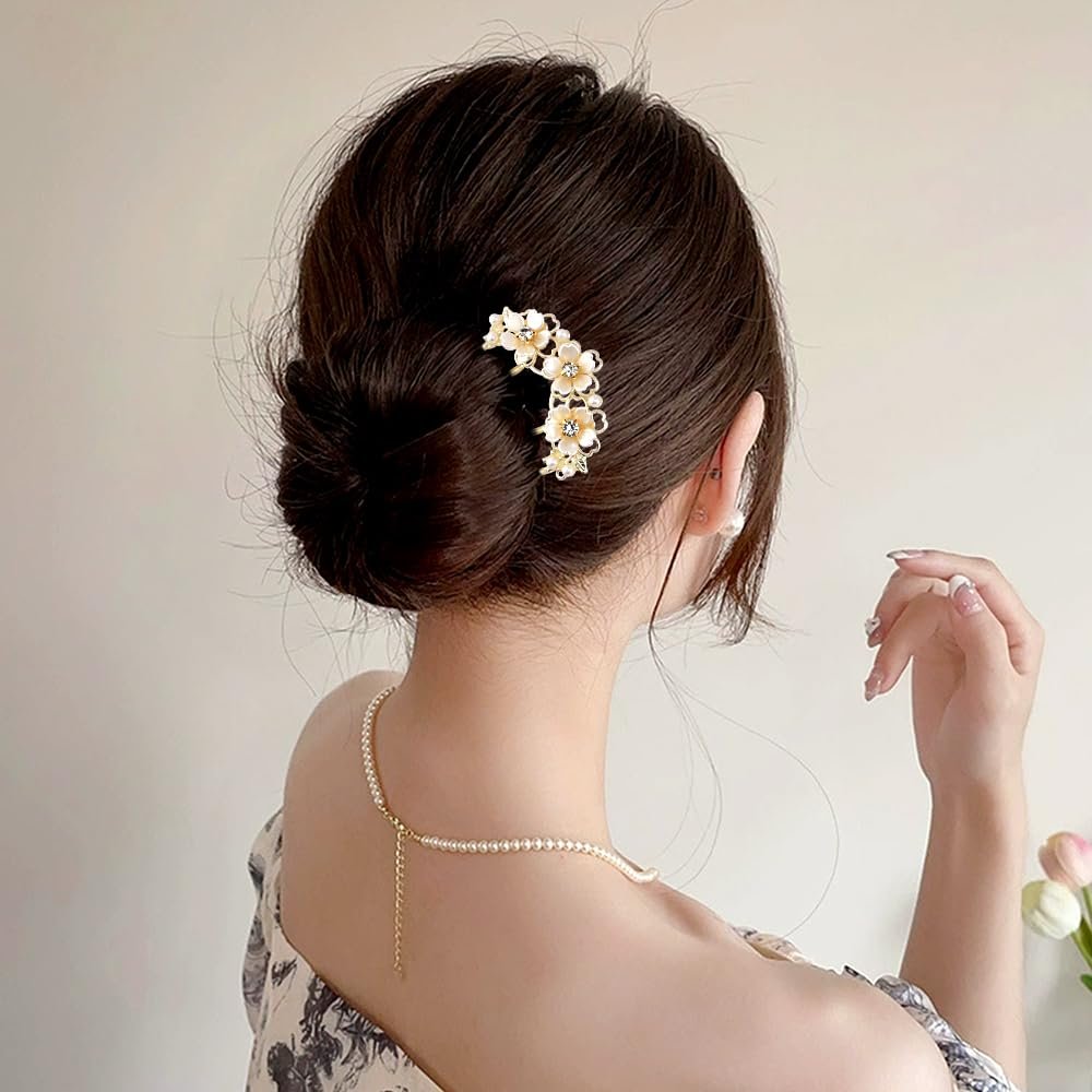 Pearl Flower Hair Clips for Women - U-Shaped French Hair Pin, Gold Metal Hairpin Clip, Floral Bun Maker, Wedding Hair Accessories for Brides & Bridesmaids - görsel 15