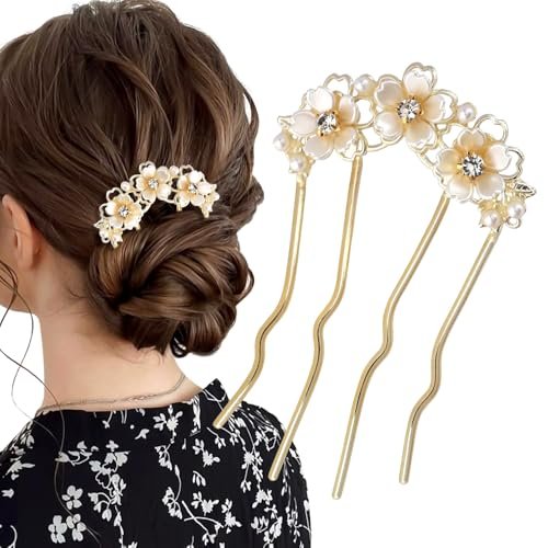 Pearl Flower Hair Clips for Women - U-Shaped French Hair Pin, Gold Metal Hairpin Clip, Floral Bun Maker, Wedding Hair Accessories for Brides & Bridesmaids - görsel 2