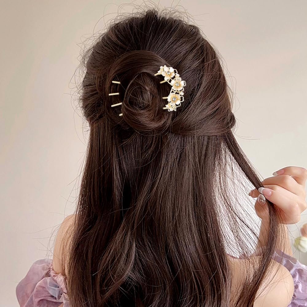 Pearl Flower Hair Clips for Women - U-Shaped French Hair Pin, Gold Metal Hairpin Clip, Floral Bun Maker, Wedding Hair Accessories for Brides & Bridesmaids - görsel 13