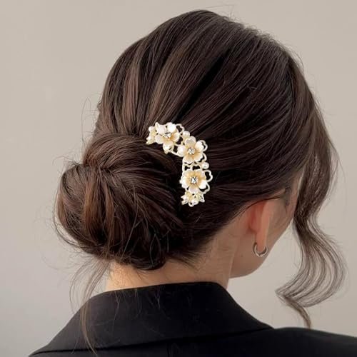 Pearl Flower Hair Clips for Women - U-Shaped French Hair Pin, Gold Metal Hairpin Clip, Floral Bun Maker, Wedding Hair Accessories for Brides & Bridesmaids - görsel 8