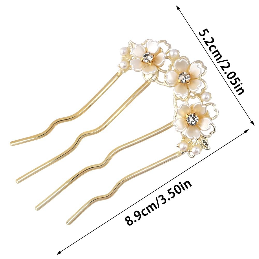 Pearl Flower Hair Clips for Women - U-Shaped French Hair Pin, Gold Metal Hairpin Clip, Floral Bun Maker, Wedding Hair Accessories for Brides & Bridesmaids - görsel 3