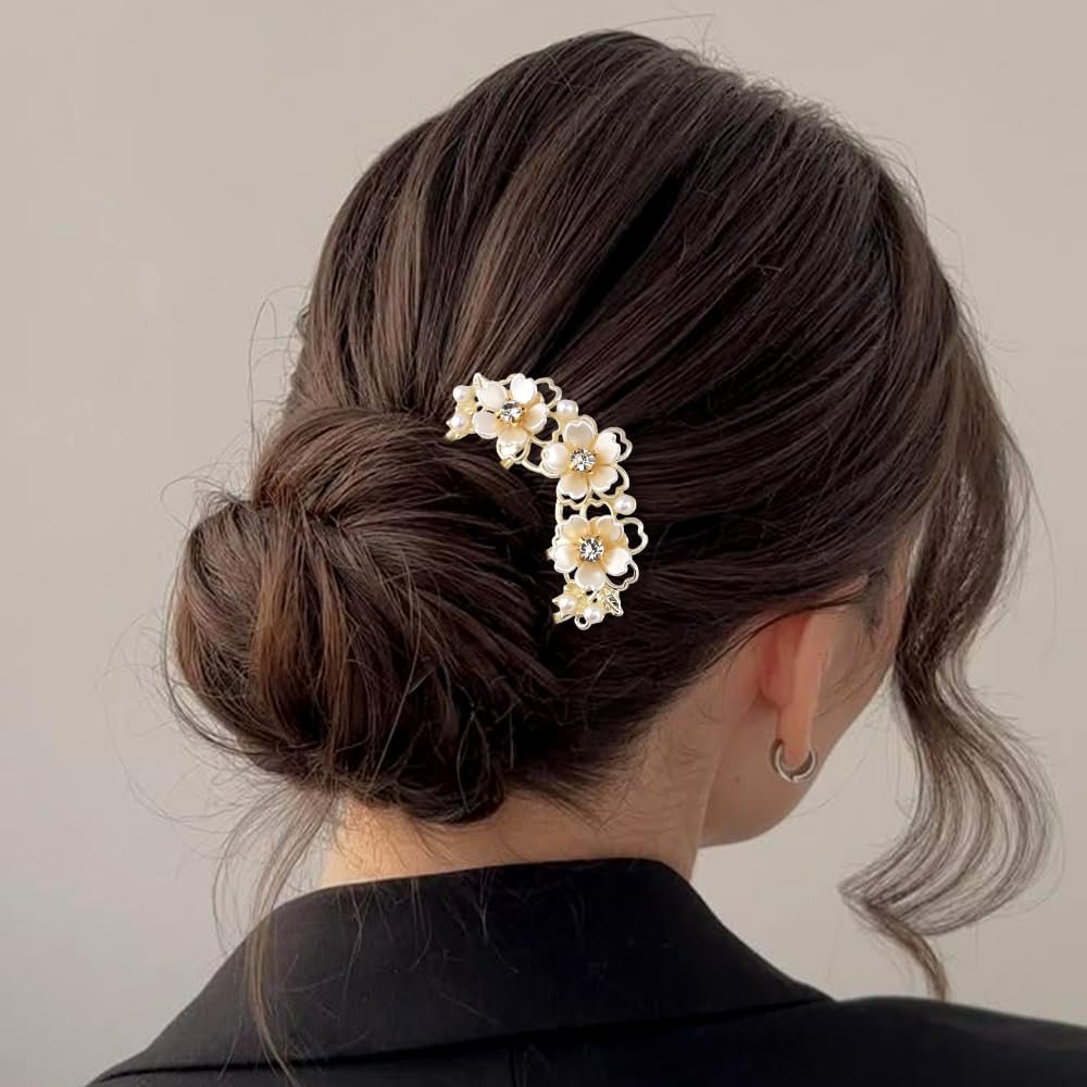 Pearl Flower Hair Clips for Women - U-Shaped French Hair Pin, Gold Metal Hairpin Clip, Floral Bun Maker, Wedding Hair Accessories for Brides & Bridesmaids - görsel 7