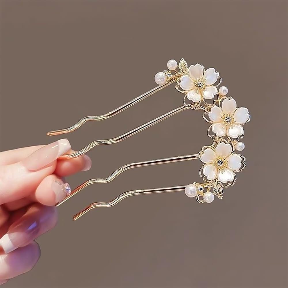 Pearl Flower Hair Clips for Women - U-Shaped French Hair Pin, Gold Metal Hairpin Clip, Floral Bun Maker, Wedding Hair Accessories for Brides & Bridesmaids - görsel 5