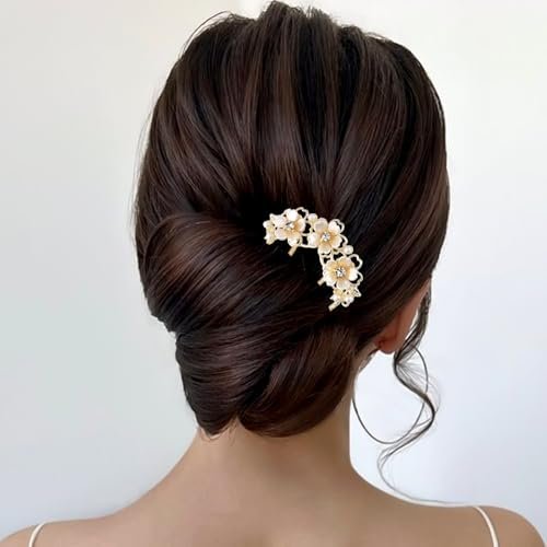 Pearl Flower Hair Clips for Women - U-Shaped French Hair Pin, Gold Metal Hairpin Clip, Floral Bun Maker, Wedding Hair Accessories for Brides & Bridesmaids - görsel 10