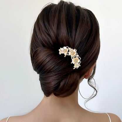 Pearl Flower Hair Clips for Women - U-Shaped French Hair Pin, Gold Metal Hairpin Clip, Floral Bun Maker, Wedding Hair Accessories for Brides & Bridesmaids