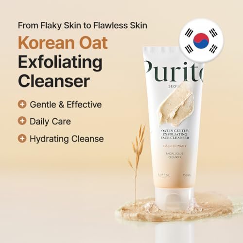 Purito Oat Exfoliating Facial Polish Cleanser - Hydrating Daily Face Wash with Gentle Scrub Clay, Pore Minimizing, Panthenol, Oat Seed Water, Vegan, Non-comedogenic Korean Skin Care (5.07 fl.oz) Avelisse
