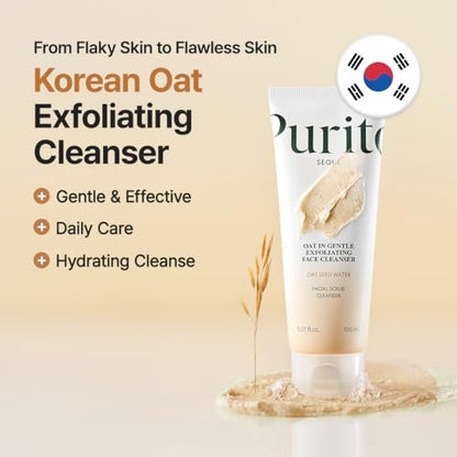 Purito Oat Exfoliating Facial Polish Cleanser - Hydrating Daily Face Wash with Gentle Scrub Clay, Pore Minimizing, Panthenol, Oat Seed Water, Vegan, Non-comedogenic Korean Skin Care (5.07 fl.oz) Avelisse