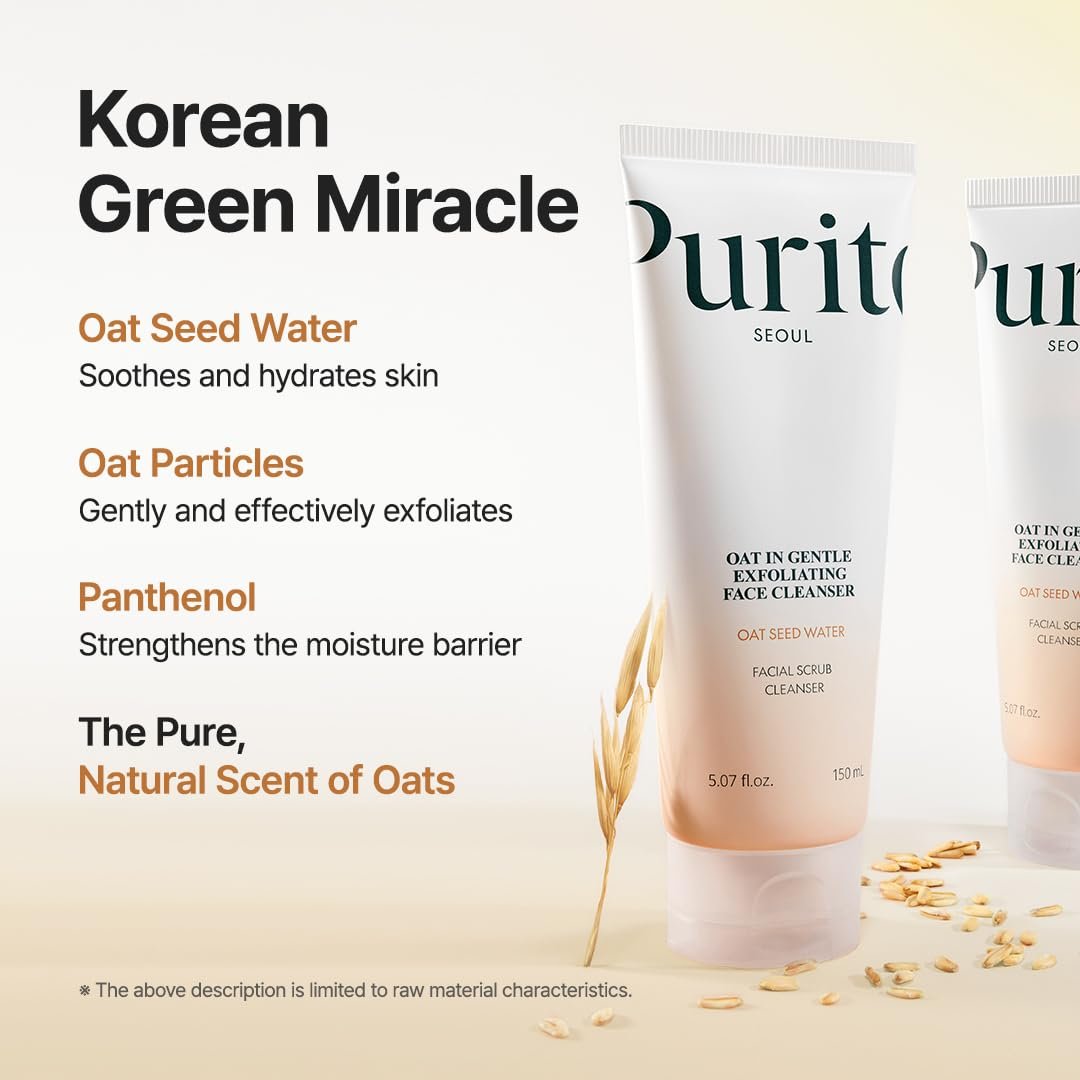 Purito Oat Exfoliating Facial Polish Cleanser - Hydrating Daily Face Wash with Gentle Scrub Clay, Pore Minimizing, Panthenol, Oat Seed Water, Vegan, Non-comedogenic Korean Skin Care (5.07 fl.oz) Avelisse