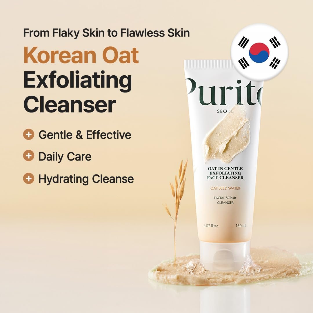 Purito Oat Exfoliating Facial Polish Cleanser - Hydrating Daily Face Wash with Gentle Scrub Clay, Pore Minimizing, Panthenol, Oat Seed Water, Vegan, Non-comedogenic Korean Skin Care (5.07 fl.oz) Avelisse