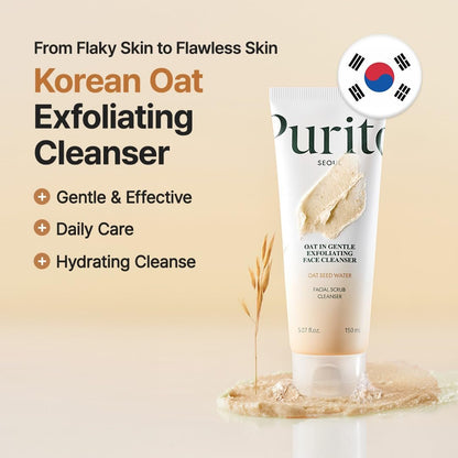 Purito Oat Exfoliating Facial Polish Cleanser - Hydrating Daily Face Wash with Gentle Scrub Clay, Pore Minimizing, Panthenol, Oat Seed Water, Vegan, Non-comedogenic Korean Skin Care (5.07 fl.oz) Avelisse