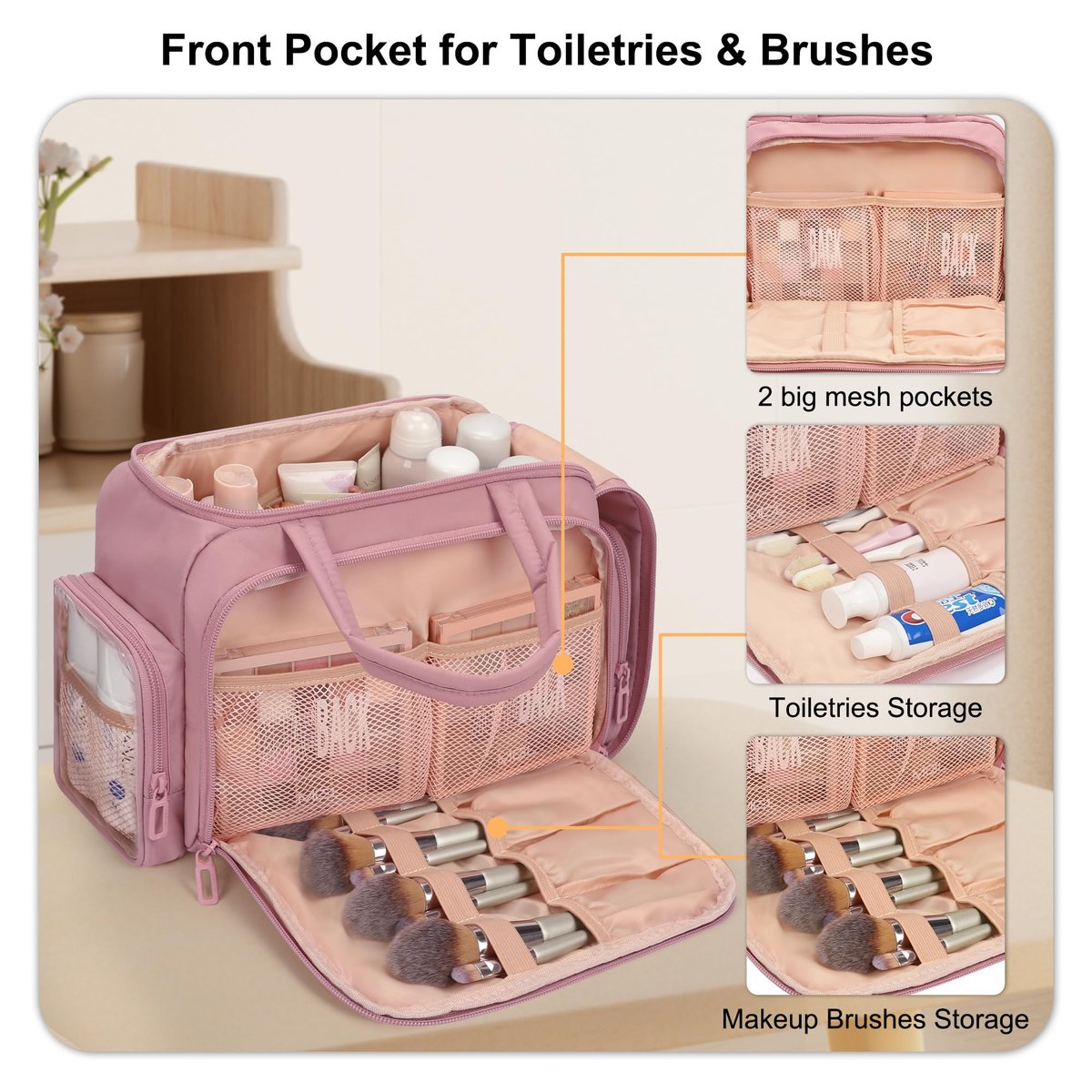 WGEAR Travel Cosmetic Bag for Women - Lightweight Wide-Open Makeup Organizer with Removable Dividers, Brushes Board, Multi Pockets - Pink - görsel 9