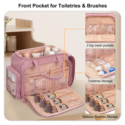 WGEAR Travel Cosmetic Bag for Women - Lightweight Wide-Open Makeup Organizer with Removable Dividers, Brushes Board, Multi Pockets - Pink