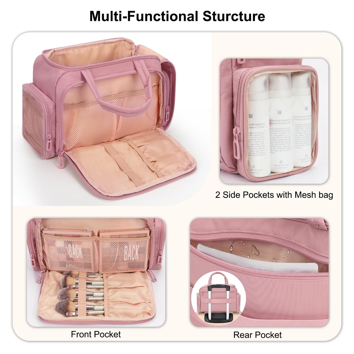 WGEAR Travel Cosmetic Bag for Women - Lightweight Wide-Open Makeup Organizer with Removable Dividers, Brushes Board, Multi Pockets - Pink - görsel 11