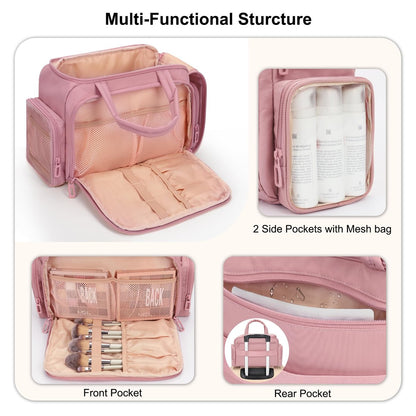 WGEAR Travel Cosmetic Bag for Women - Lightweight Wide-Open Makeup Organizer with Removable Dividers, Brushes Board, Multi Pockets - Pink