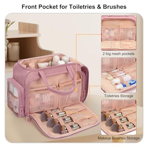 WGEAR Travel Cosmetic Bag for Women - Lightweight Wide-Open Makeup Organizer with Removable Dividers, Brushes Board, Multi Pockets - Pink - görsel 10