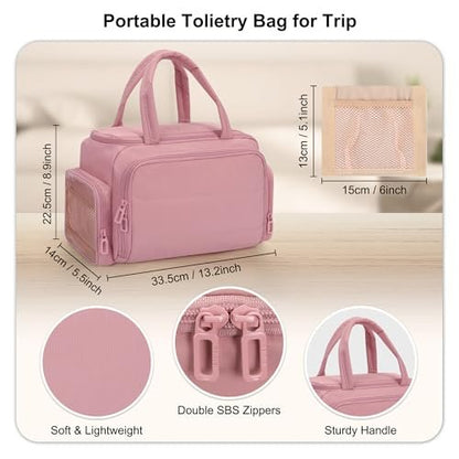 WGEAR Travel Cosmetic Bag for Women - Lightweight Wide-Open Makeup Organizer with Removable Dividers, Brushes Board, Multi Pockets - Pink
