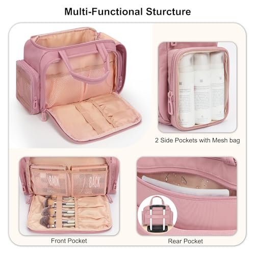 WGEAR Travel Cosmetic Bag for Women - Lightweight Wide-Open Makeup Organizer with Removable Dividers, Brushes Board, Multi Pockets - Pink - görsel 12