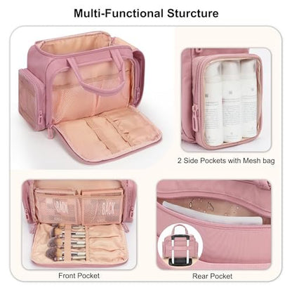 WGEAR Travel Cosmetic Bag for Women - Lightweight Wide-Open Makeup Organizer with Removable Dividers, Brushes Board, Multi Pockets - Pink