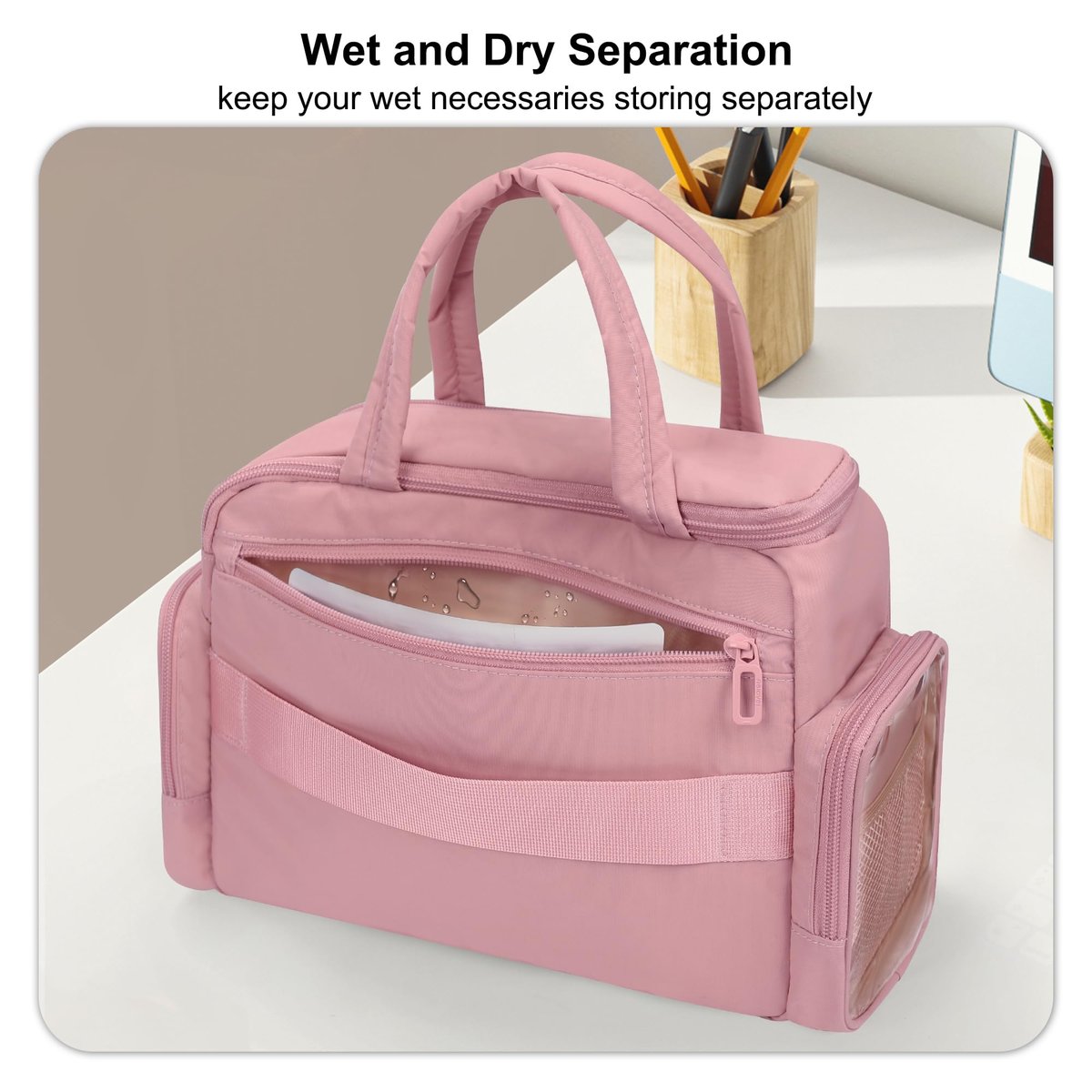 WGEAR Travel Cosmetic Bag for Women - Lightweight Wide-Open Makeup Organizer with Removable Dividers, Brushes Board, Multi Pockets - Pink - görsel 7