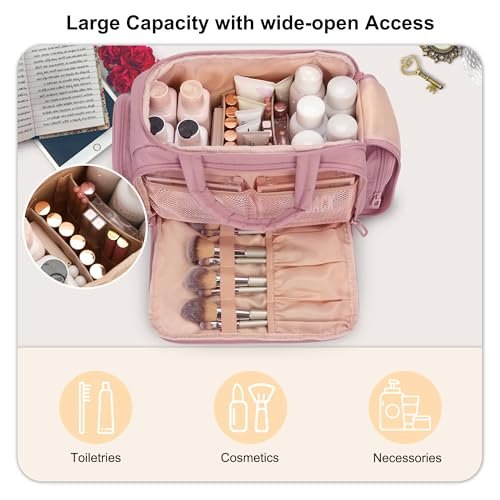 WGEAR Travel Cosmetic Bag for Women - Lightweight Wide-Open Makeup Organizer with Removable Dividers, Brushes Board, Multi Pockets - Pink - görsel 14