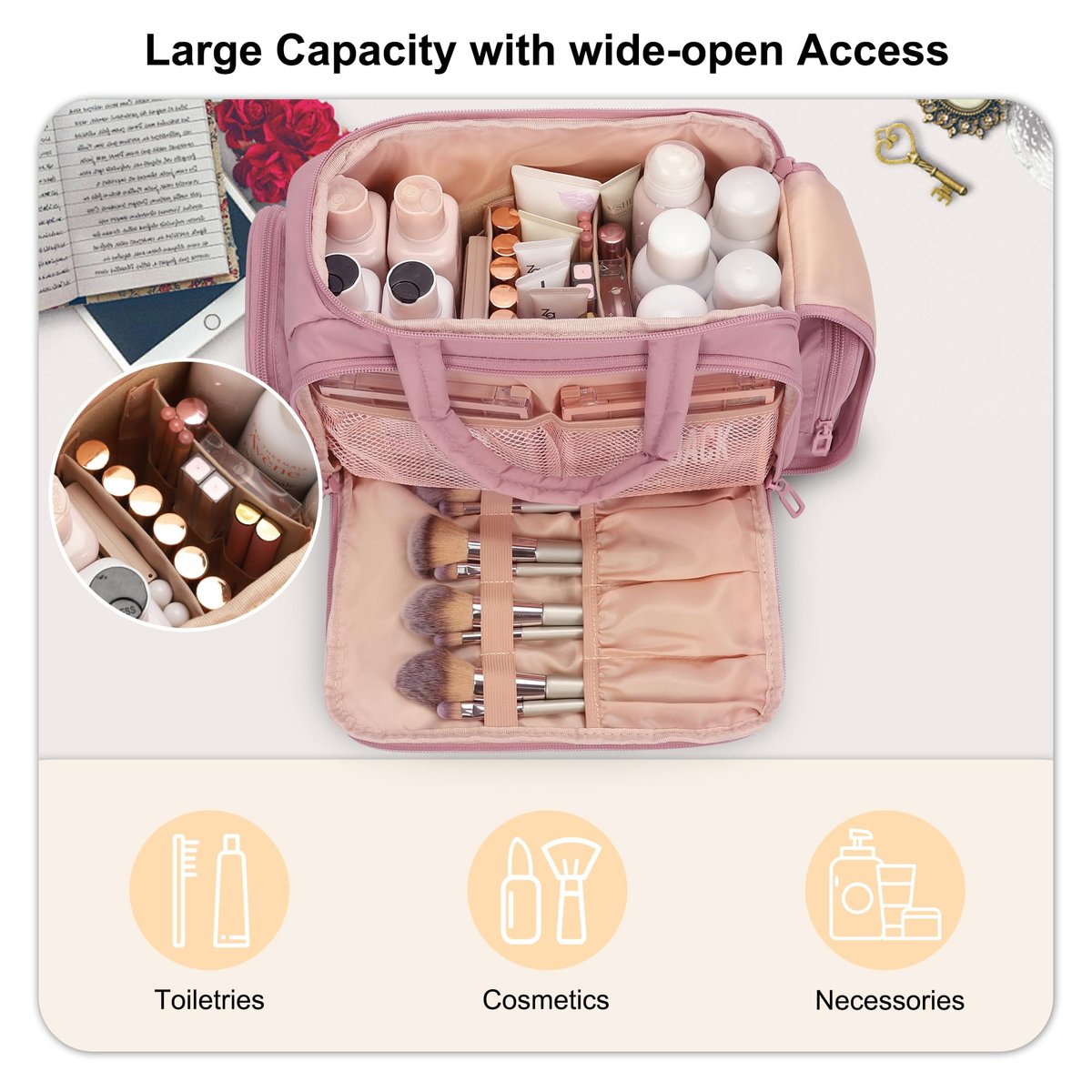 WGEAR Travel Cosmetic Bag for Women - Lightweight Wide-Open Makeup Organizer with Removable Dividers, Brushes Board, Multi Pockets - Pink - görsel 13