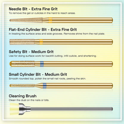 Depvko 10pcs 3/32" Cuticle Nail Drill Bits Kit - Gold, for Acrylic Gel Manicure Pedicure, E-File Nail Care Tools