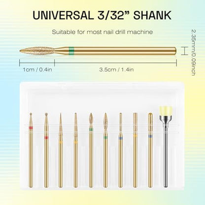 Depvko 10pcs 3/32" Cuticle Nail Drill Bits Kit - Gold, for Acrylic Gel Manicure Pedicure, E-File Nail Care Tools