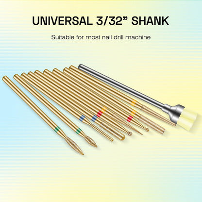 Depvko 10pcs 3/32" Cuticle Nail Drill Bits Kit - Gold, for Acrylic Gel Manicure Pedicure, E-File Nail Care Tools