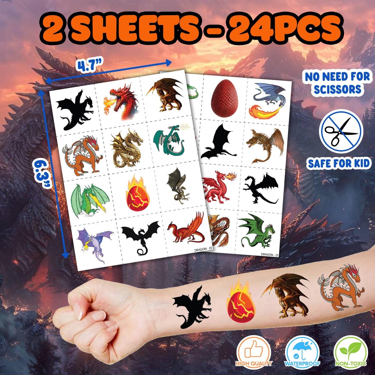 36PCS Dragon Party Favors Set: Pre-Cut Temporary Tattoos & Stamps for Dragon-Themed Birthday, Goodie Bags, Classroom Rewards, and Kids' Gifts Avelisse