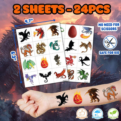 36PCS Dragon Party Favors Set: Pre-Cut Temporary Tattoos & Stamps for Dragon-Themed Birthday, Goodie Bags, Classroom Rewards, and Kids' Gifts Avelisse