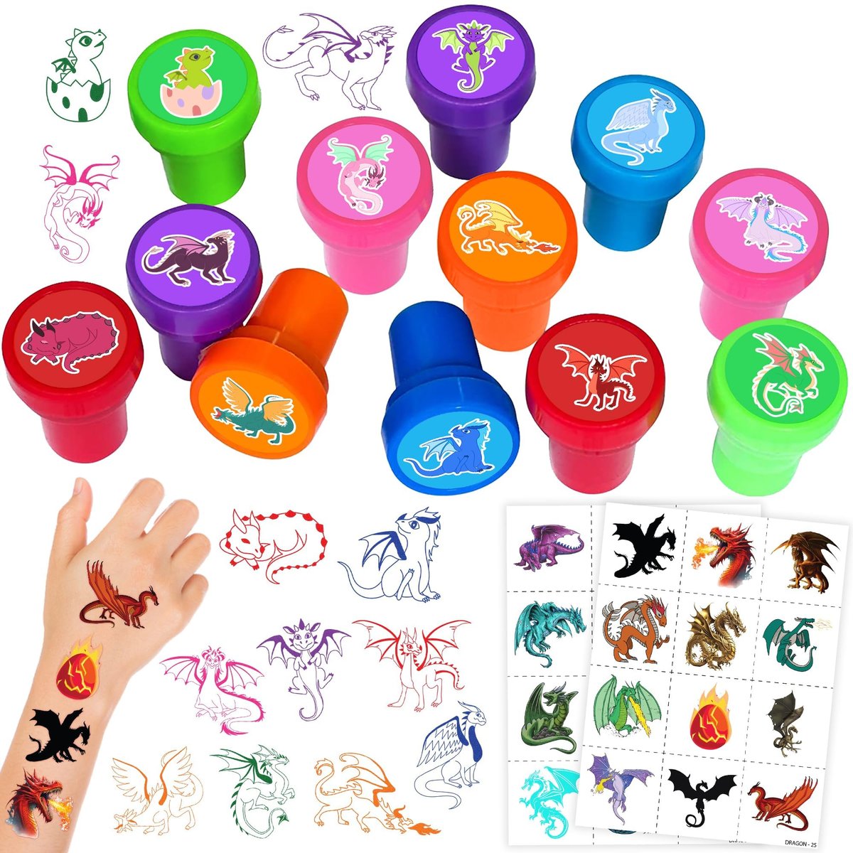 36PCS Dragon Party Favors Set: Pre-Cut Temporary Tattoos & Stamps for Dragon-Themed Birthday, Goodie Bags, Classroom Rewards, and Kids' Gifts Avelisse