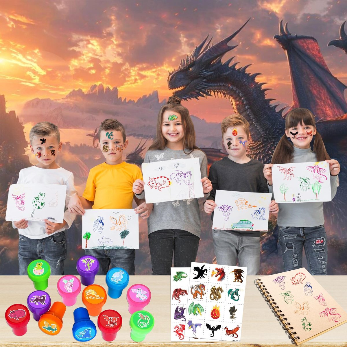 36PCS Dragon Party Favors Set: Pre-Cut Temporary Tattoos & Stamps for Dragon-Themed Birthday, Goodie Bags, Classroom Rewards, and Kids' Gifts Avelisse