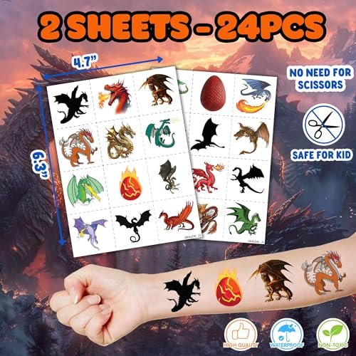 36PCS Dragon Party Favors Set: Pre-Cut Temporary Tattoos & Stamps for Dragon-Themed Birthday, Goodie Bags, Classroom Rewards, and Kids' Gifts Avelisse