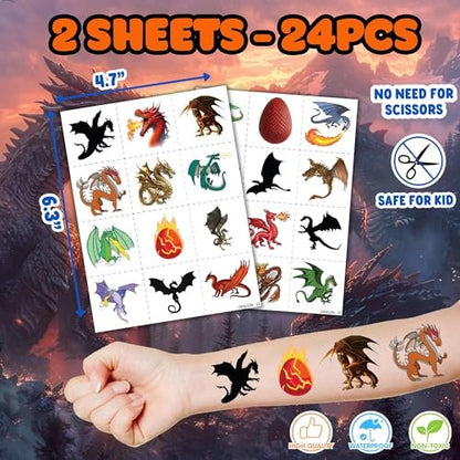 36PCS Dragon Party Favors Set: Pre-Cut Temporary Tattoos & Stamps for Dragon-Themed Birthday, Goodie Bags, Classroom Rewards, and Kids' Gifts Avelisse