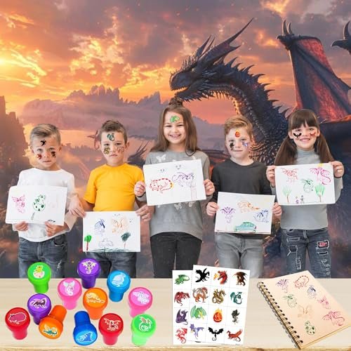 36PCS Dragon Party Favors Set: Pre-Cut Temporary Tattoos & Stamps for Dragon-Themed Birthday, Goodie Bags, Classroom Rewards, and Kids' Gifts Avelisse