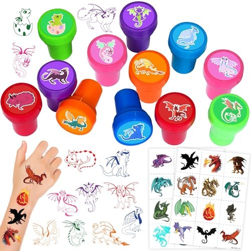 36PCS Dragon Party Favors Set: Pre-Cut Temporary Tattoos & Stamps for Dragon-Themed Birthday, Goodie Bags, Classroom Rewards, and Kids' Gifts Avelisse